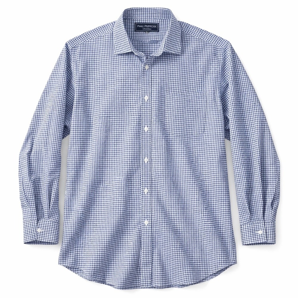 Paul Fredrick Mens Blue Micro Check Imperial‎ 100s Cotton Dress Shirt 17-34